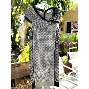 Anthropologie Byron Lars Josette Asymmetrical Blk Wht Gry Fitted Knit Midi SZ 8